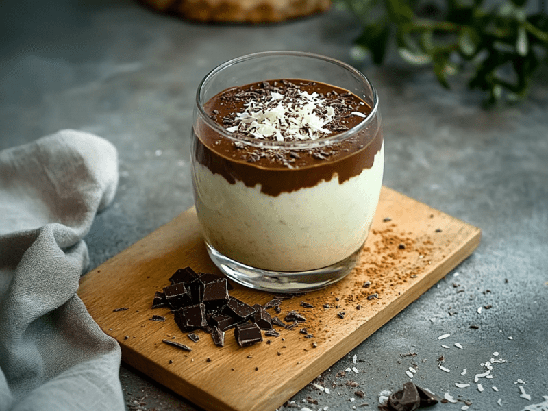 A glass of Mounds overnight oats, topped with a layer of dark chocolate and sprinkled with shredded coconut. The glass sits on a wooden board with chopped dark chocolate on it. A kitchen towel is draped next to the board. In the background, you can see a coconut and a green plant.
