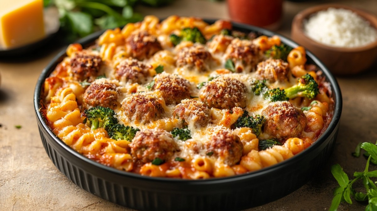 Pasta bake with meatballs in a round baking dish.
