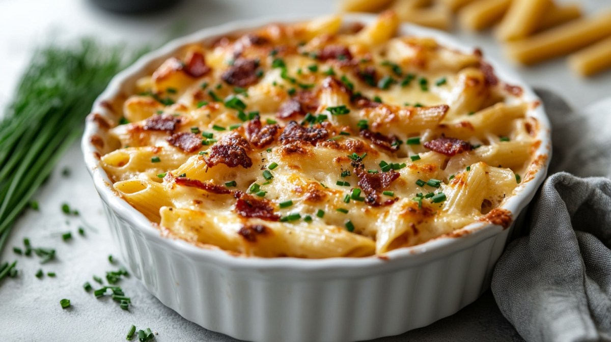A pasta carbonara bake in a round baking dish, surrounded by noodles and chives.