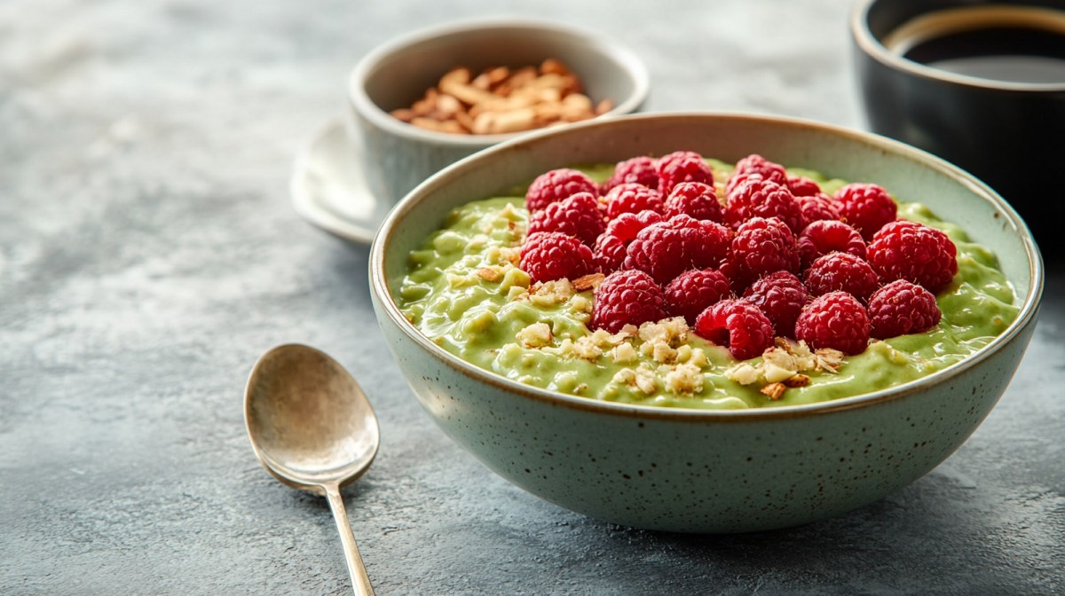 Bowl of pistachio overnight oats with raspberries on top and cup of coffee in the background