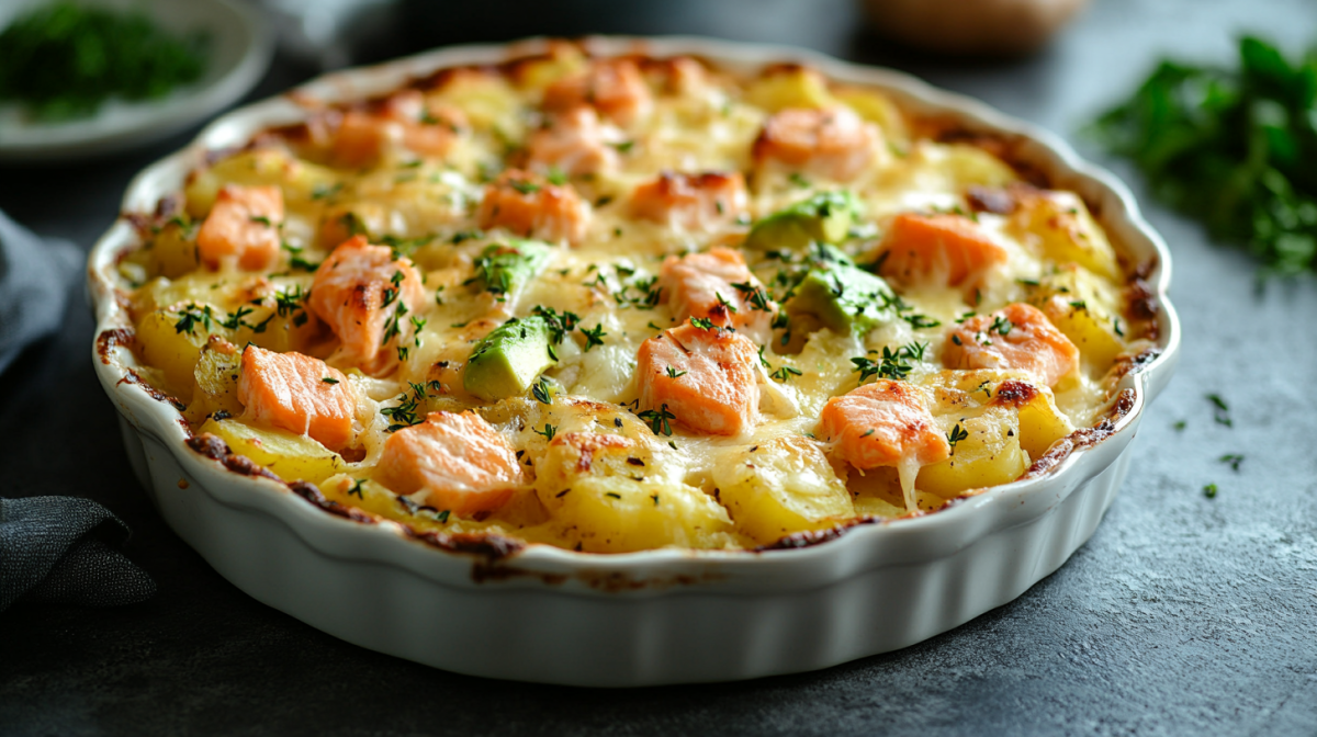 Avocado and Potato Gratin with Salmon in a ceramic baking dish.
