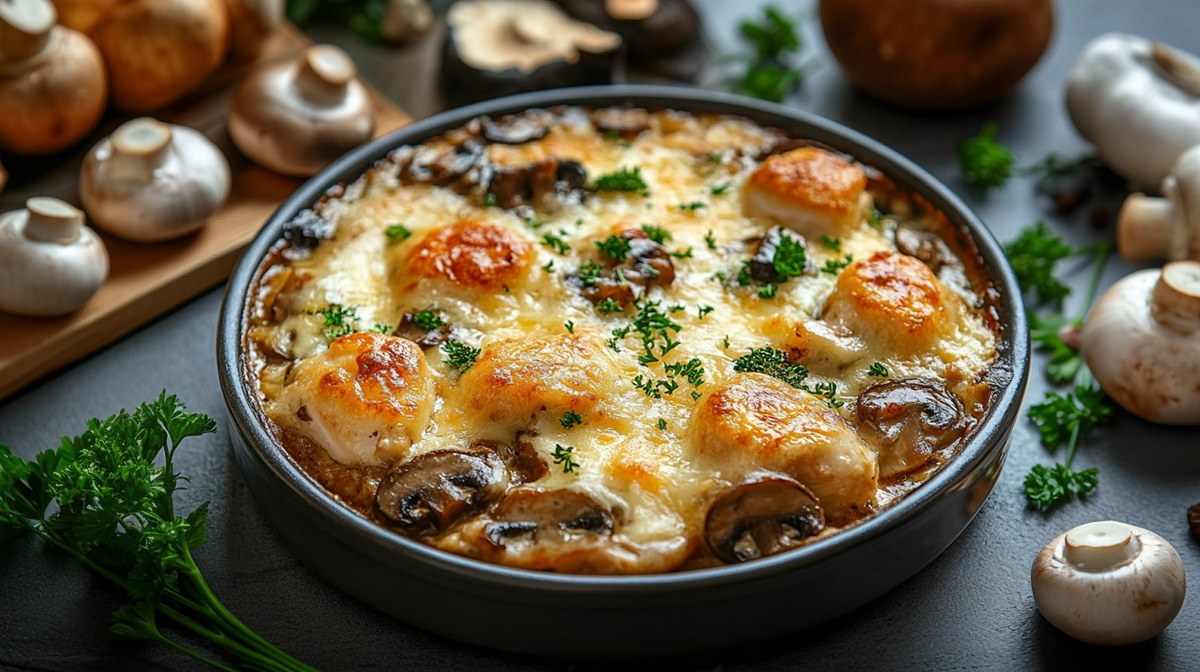 Casserole dish with chicken and mushroom casserole