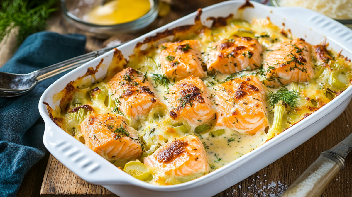 Leek and salmon casserole in a ceramic baking dish.