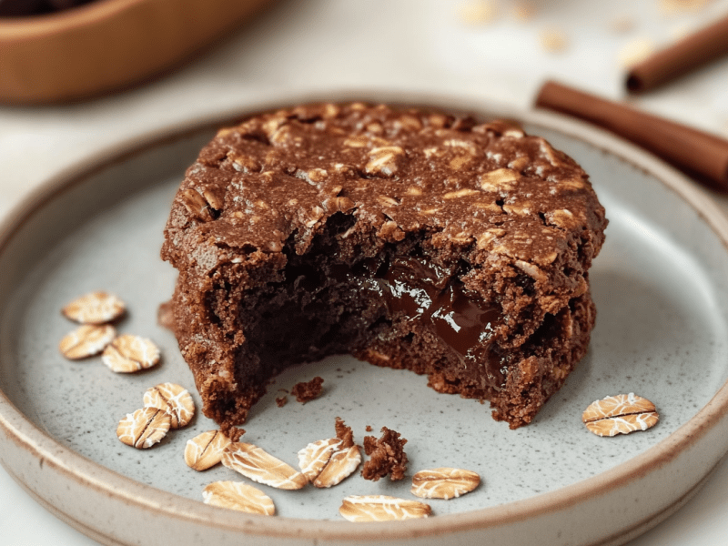 Lava Cake Baked Oats on a gray-blue plate. There are still a few oat flakes on the plate. In the background you can still see two cinnamon sticks and oat flakes.