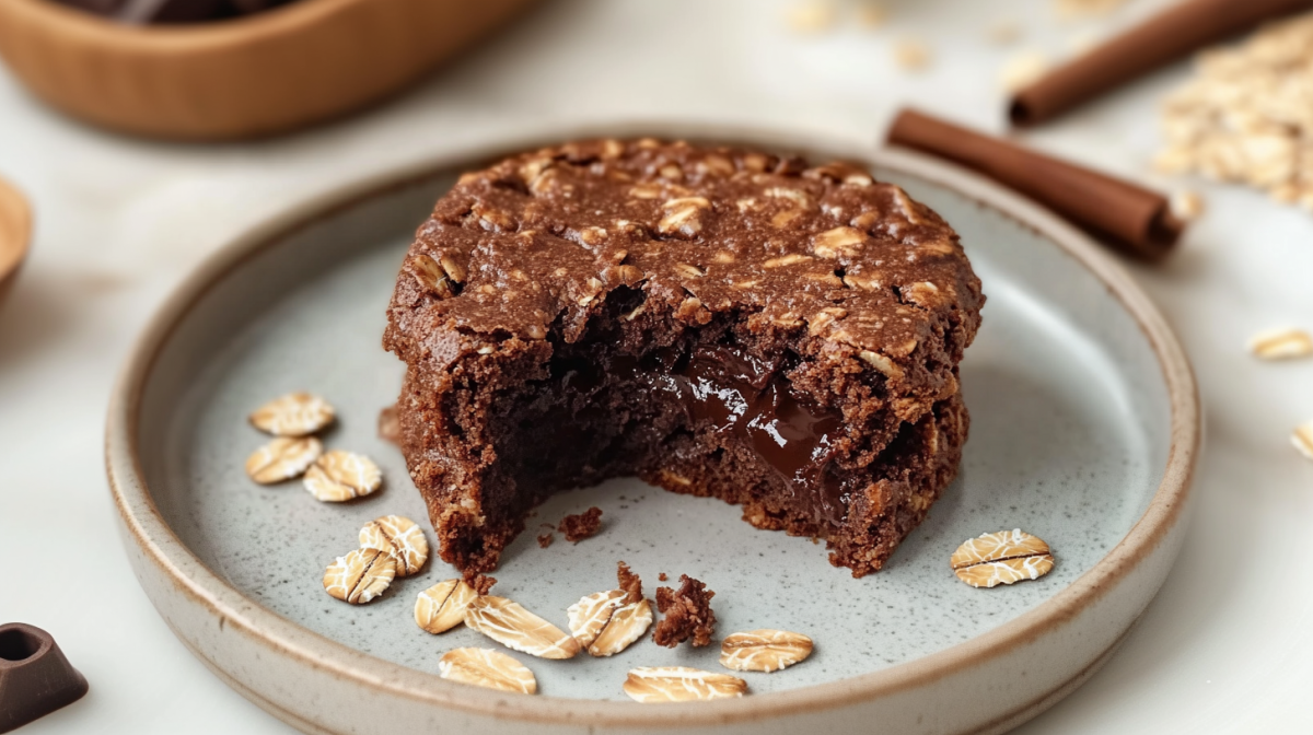 Lava Cake Baked Oats on a gray-blue plate. There are still a few oat flakes on the plate. In the background you can still see two cinnamon sticks and oat flakes.