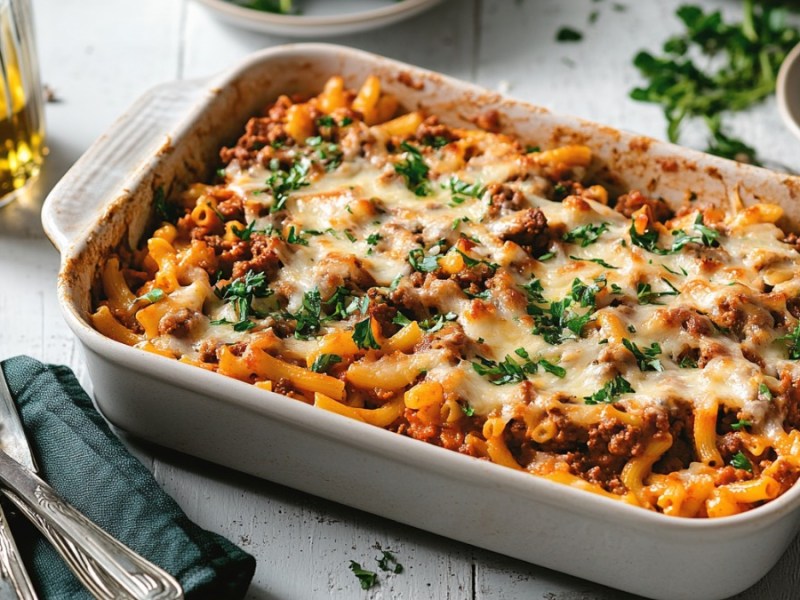 A macaroni bolognese casserole in a rectangular baking dish.