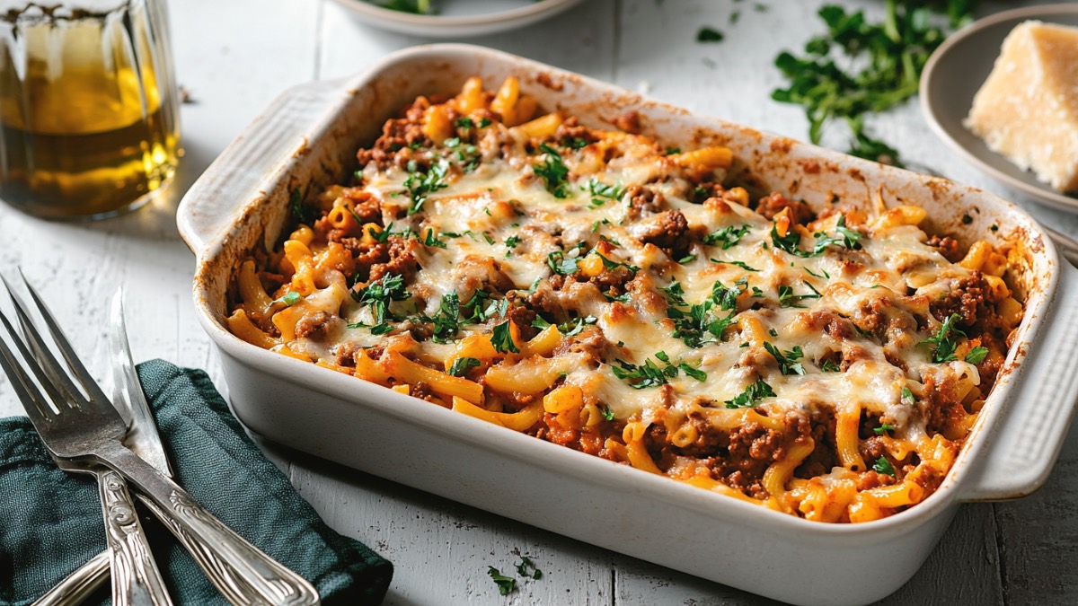 A macaroni bolognese casserole in a rectangular baking dish.