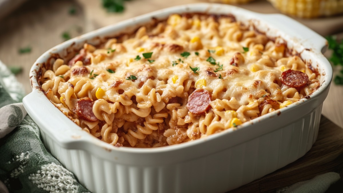 A pasta bake with salami and corn in a white baking dish.