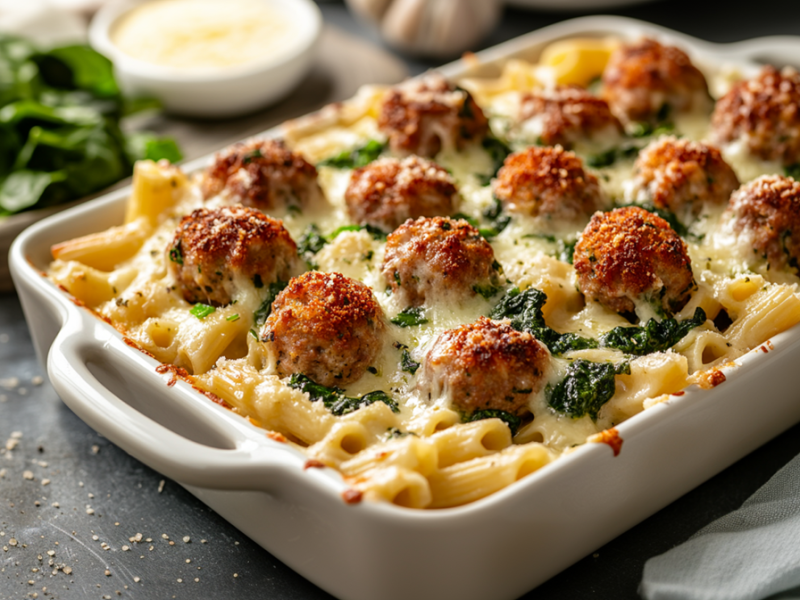 A baking dish full of spinach and meatball pasta bake, topped with melted Parmesan cheese. In the background, you can see a board with some fresh spinach and a bowl of grated Parmesan cheese. You can also see a bulb of garlic.