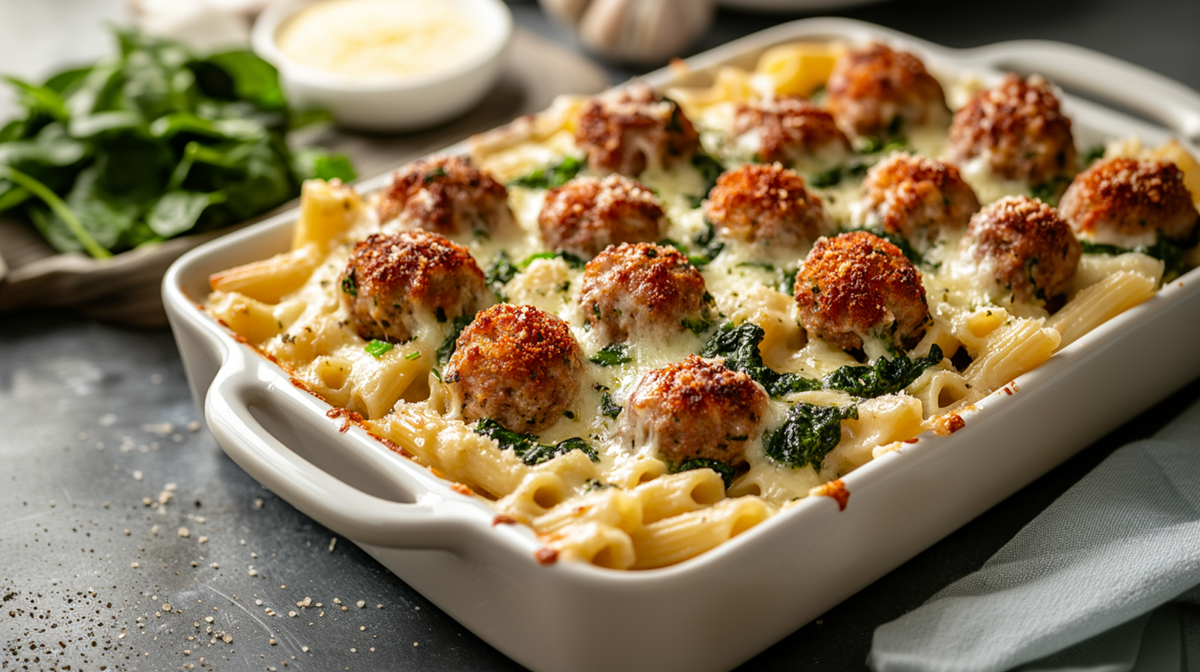 A baking dish full of spinach and meatball pasta bake, topped with melted Parmesan cheese. In the background, you can see a board with some fresh spinach and a bowl of grated Parmesan cheese. You can also see a bulb of garlic.