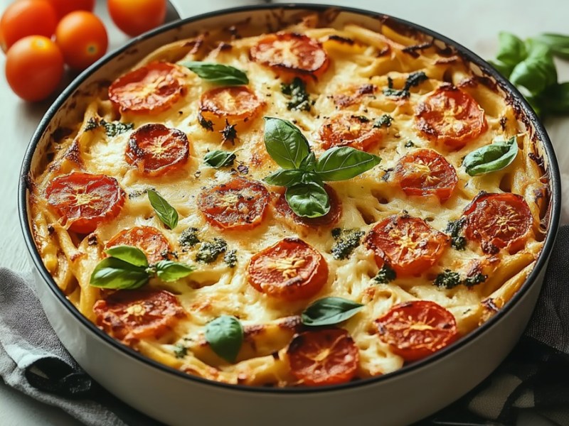 Dish with tomato mozzarella pasta bake
