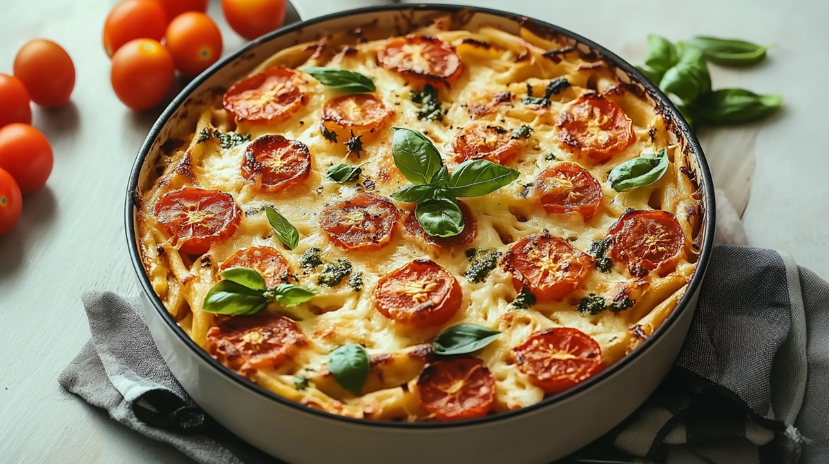 Dish with tomato mozzarella pasta bake