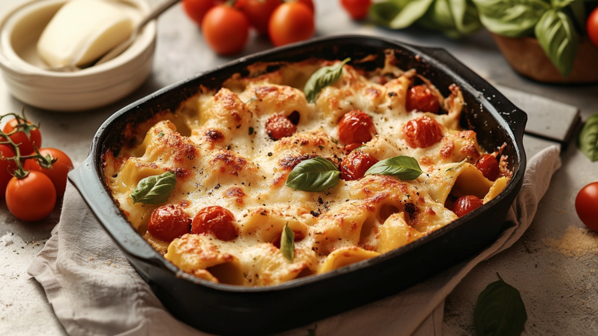An overhead view of a Tortellini Caprese Casserole in a baking dish.