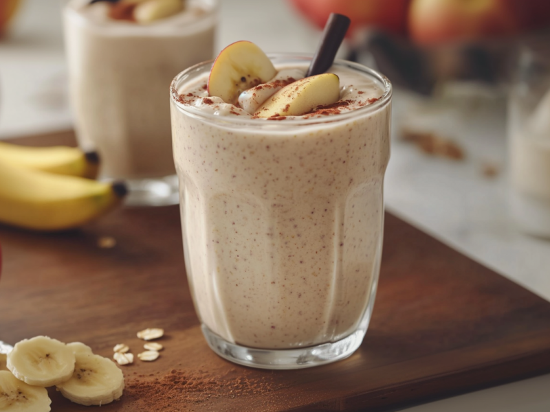 A glass of vegan breakfast smoothie sits on a cutting board. In the background you can see another glass of breakfast smoothie and two bananas.