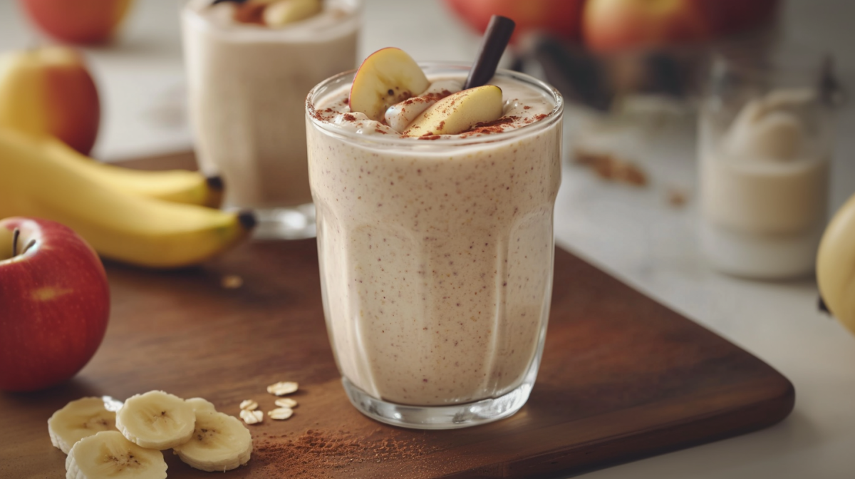 A glass of vegan breakfast smoothie sits on a cutting board. In the background you can see another glass of breakfast smoothie and two bananas.