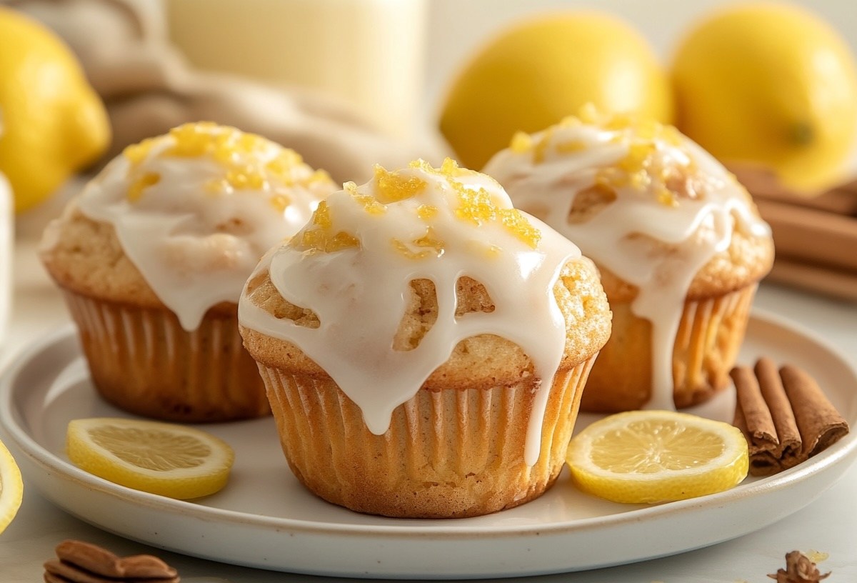 3 lemon cream cheese muffins with icing on a plate, surrounded by a few lemons and cinnamon sticks.
