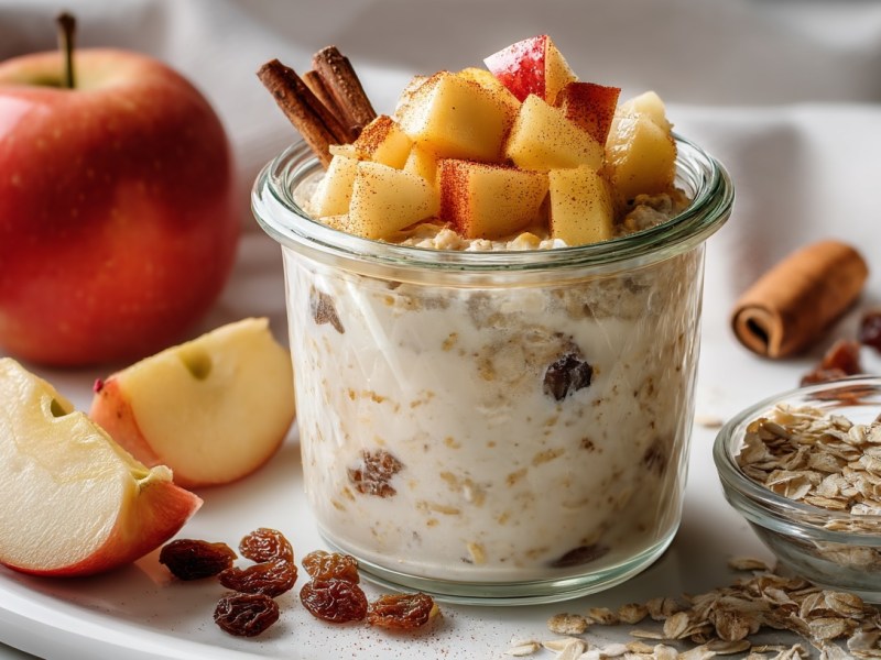 Cinnamon apple overnight oats in a glass topped with apple pieces. Some ingredients around it.