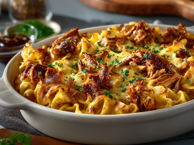 BBQ chicken casserole in a baking dish.