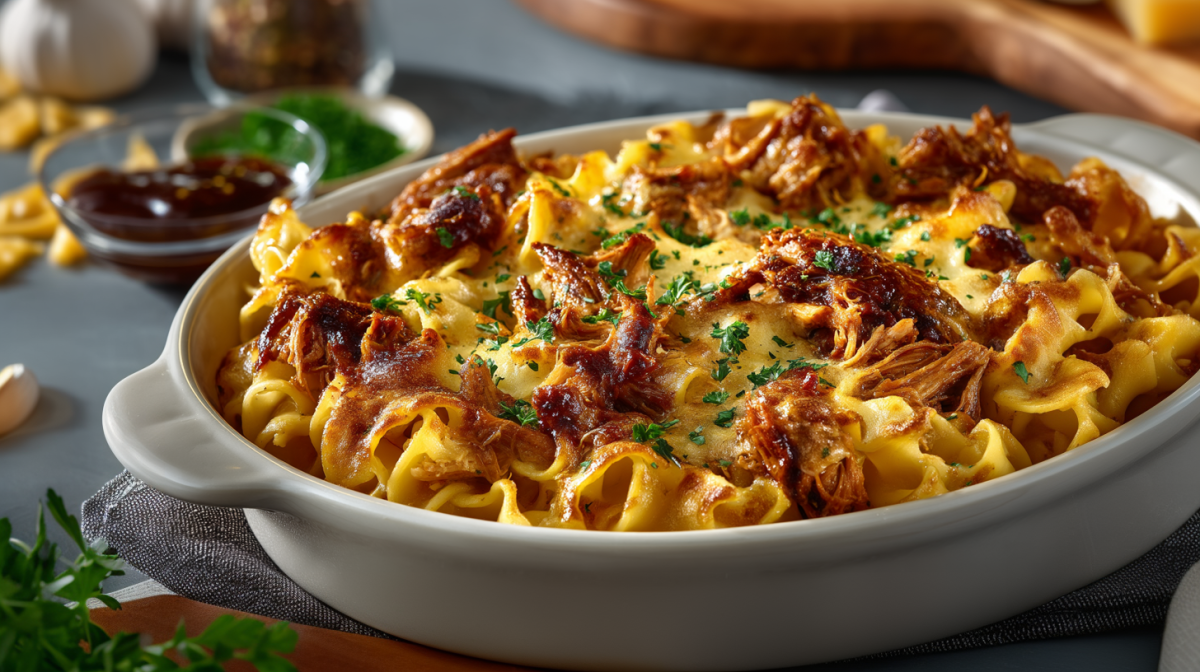 BBQ chicken casserole in a baking dish.