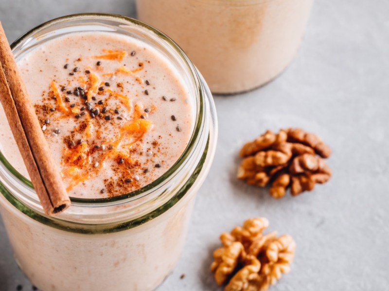 A carrot cake smoothie in top view.