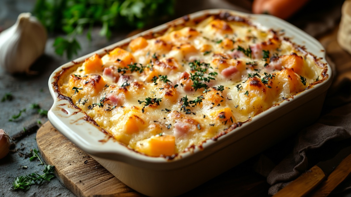 A carrot casserole with ham in a rectangular baking dish.