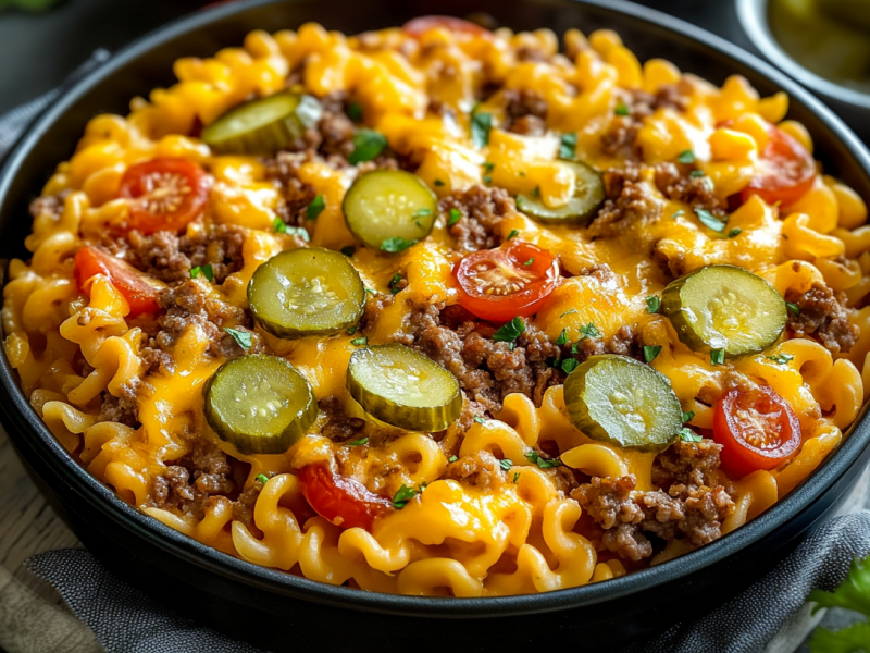 A baking dish with cheeseburger casserole on a wooden board. It is prepared with pasta, tomatoes, cucumber slices and minced meat. Around it are some fresh herbs and small tomatoes.