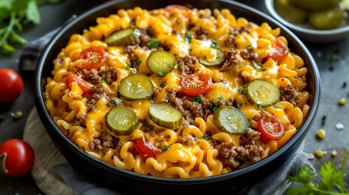 A baking dish with cheeseburger casserole on a wooden board. It is prepared with pasta, tomatoes, cucumber slices and minced meat. Around it are some fresh herbs and small tomatoes.