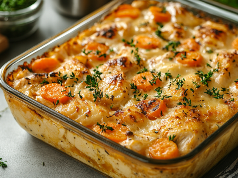 Casserole dish with chicken and carrot casserole