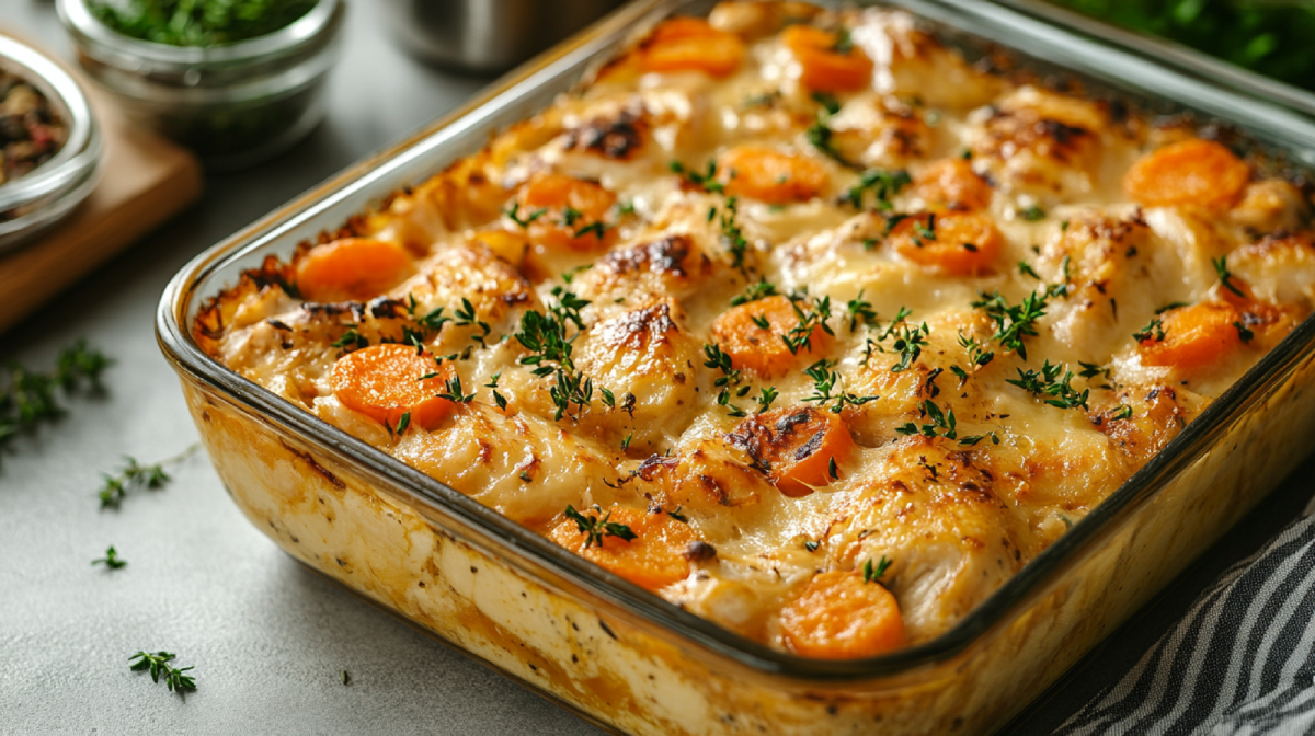 Casserole dish with chicken and carrot casserole