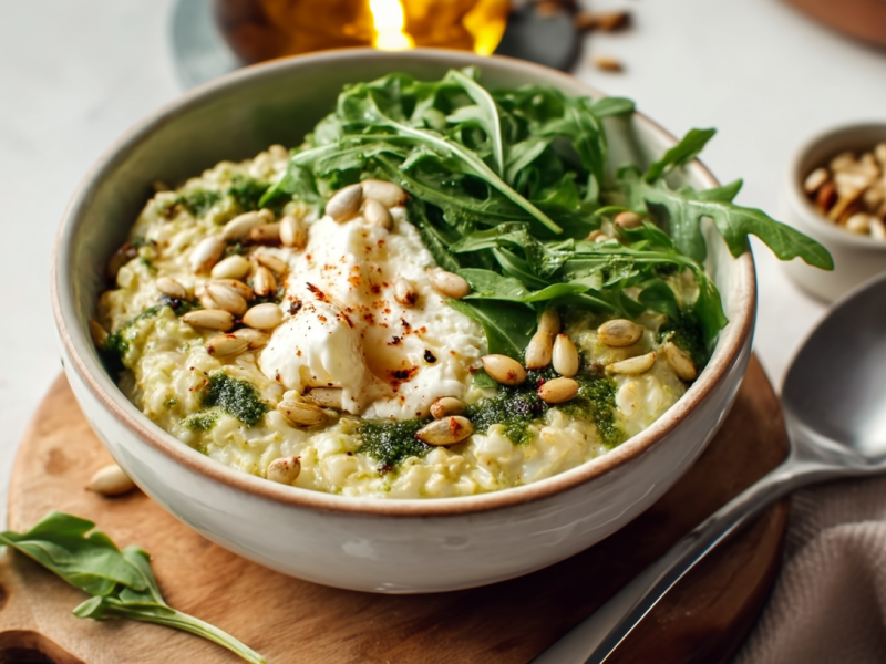 A bowl of cream cheese oatmeal stands on a round wooden board. It is prepared with arugula, cream cheese and pine nuts. A spoon lies half on a cloth to the right of the bowl. Above it is a bowl of nuts, in the middle at the top of the picture you can see a bottle of oil.