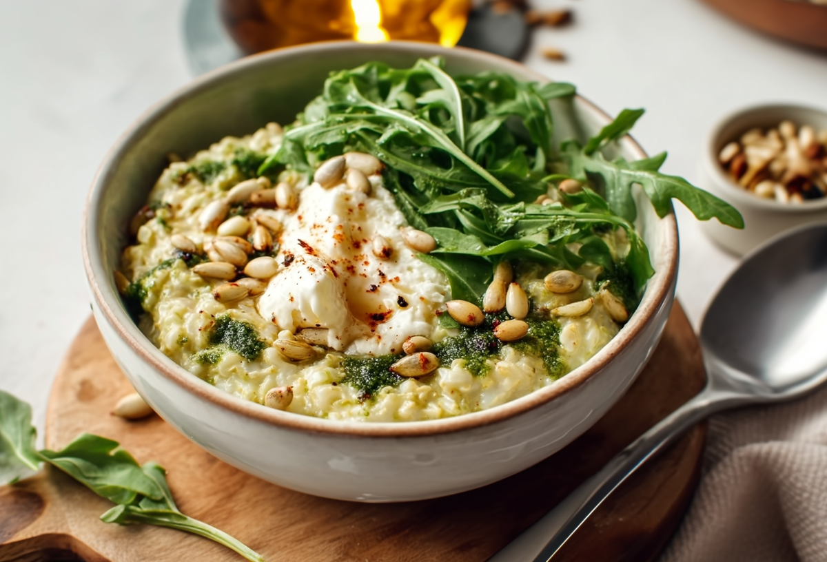 A bowl of cream cheese oatmeal stands on a round wooden board. It is prepared with arugula, cream cheese and pine nuts. A spoon lies half on a cloth to the right of the bowl. Above it is a bowl of nuts, in the middle at the top of the picture you can see a bottle of oil.