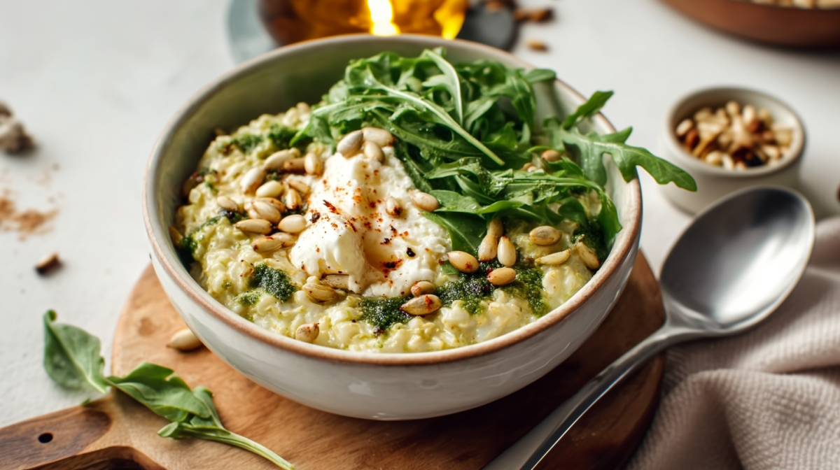 A bowl of cream cheese oatmeal stands on a round wooden board. It is prepared with arugula, cream cheese and pine nuts. A spoon lies half on a cloth to the right of the bowl. Above it is a bowl of nuts, in the middle at the top of the picture you can see a bottle of oil.