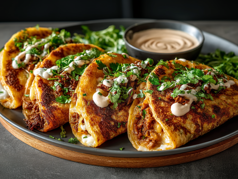 A tray with some crispy bean and cheese tacos, garnished with some chipotle mayo and fresh chopped cilantro. There is also a bowl on the tray with some more chipotle mayo.