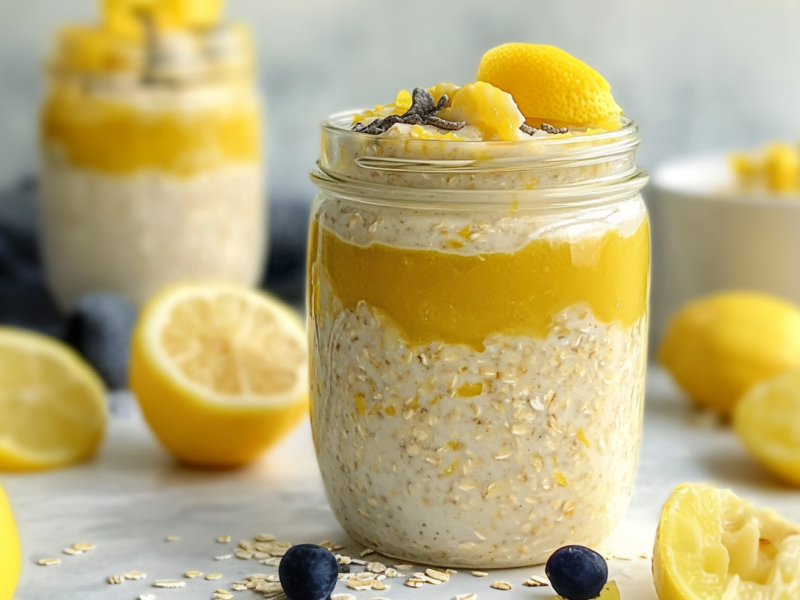 Lemon Curd Overnight Oats in mason jars. Lemons are scattered around.