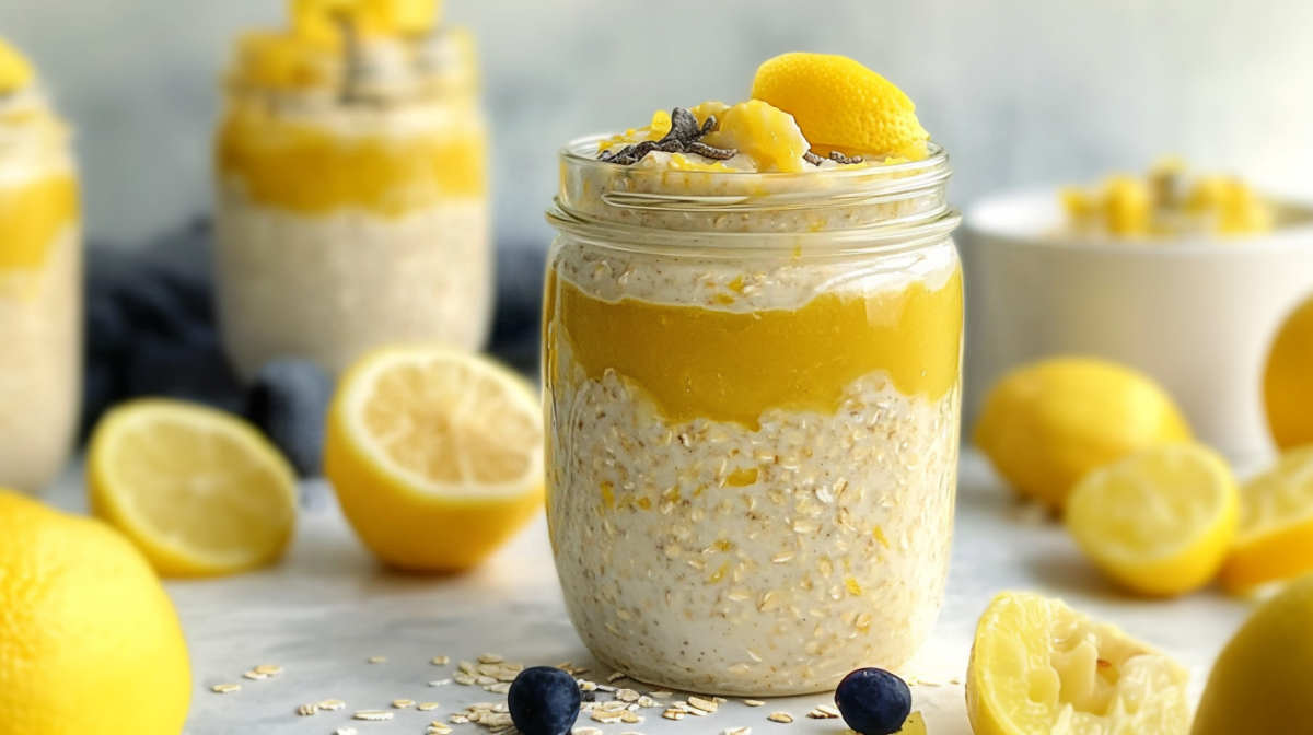 Lemon Curd Overnight Oats in mason jars. Lemons are scattered around.