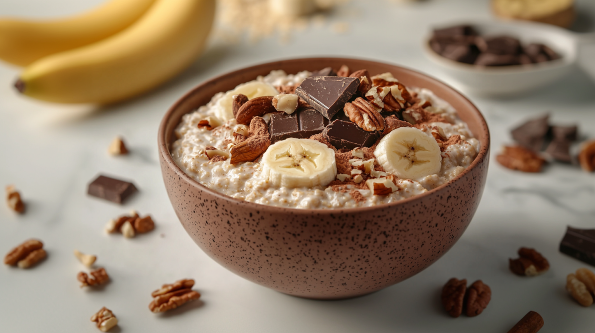 A bowl of microwave oatmeal stands on a white table. It is prepared with banana slices, nuts and broken chocolate. Nuts and pieces of chocolate are scattered around the bowl. In the background on the left are two bananas. In the background in the middle are more rolled oats, in the background on the right a bowl with dark chocolate.
