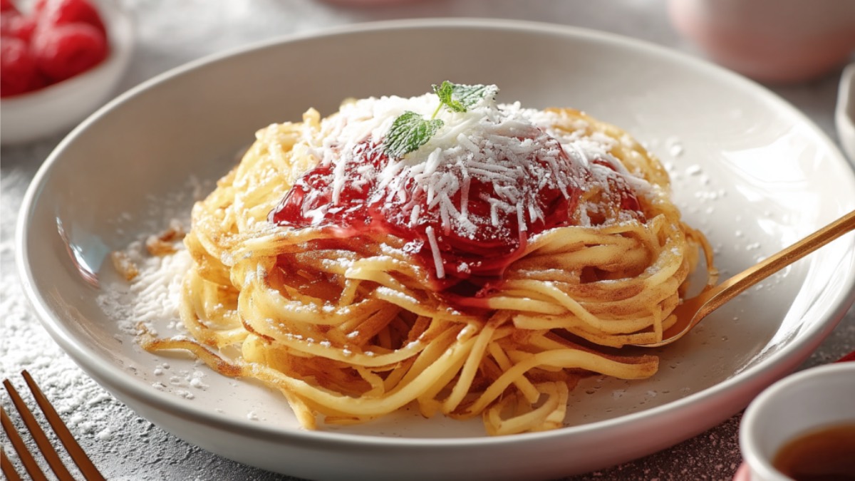 A plate of pancake spaghetti with strawberry jam and white chocolate.