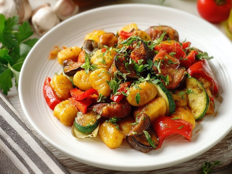 A plate of ratatouille gnocchi placed on a striped cloth napkin. A knife is lying to the right of the plate. In addition, ingredients such as fresh tomatoes, fresh parsley and garlic can be seen around the plate.
