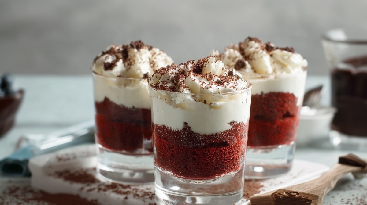 3 Red Velvet Cakes in a jar on a wooden board.
