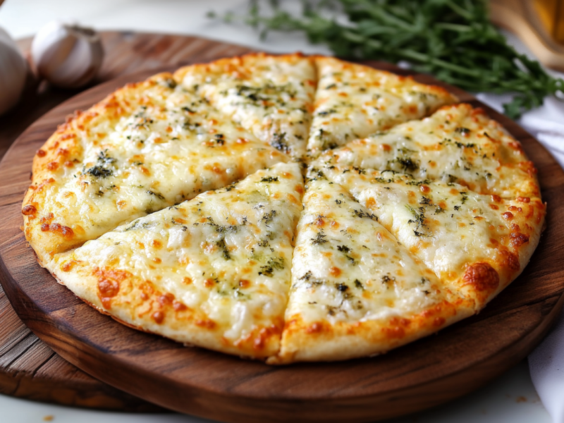 A tortilla garlic bread lies on a wooden board. In the background you can see some garlic bulbs, herbs and a bottle of oil.