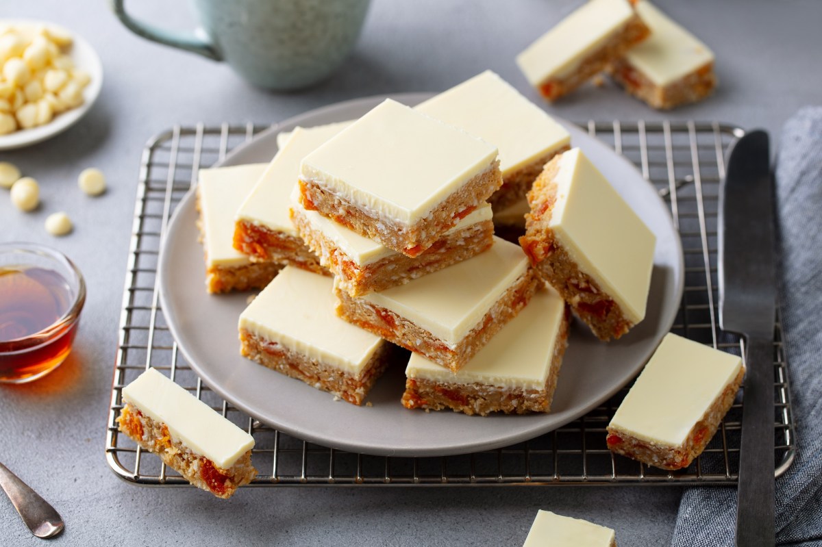 A stack of coconut-apricot bars.