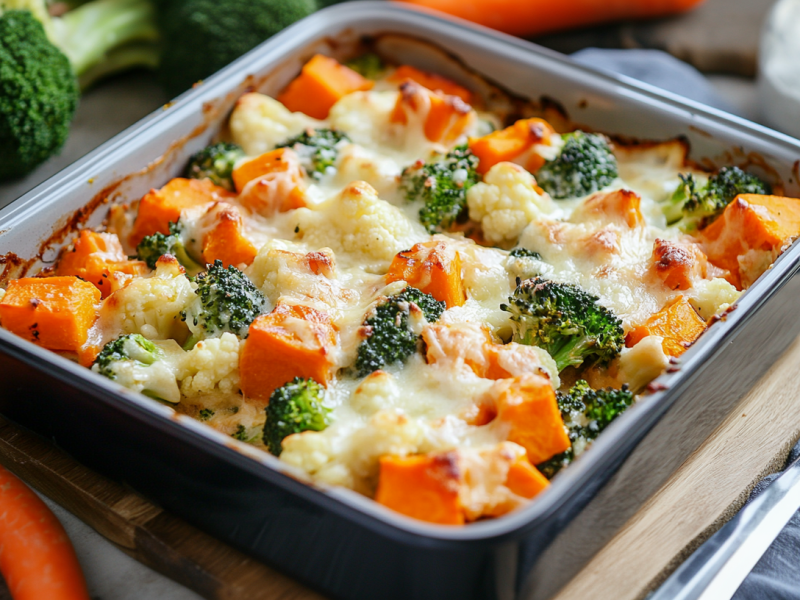 Creamy vegetable casserole in a square baking dish.