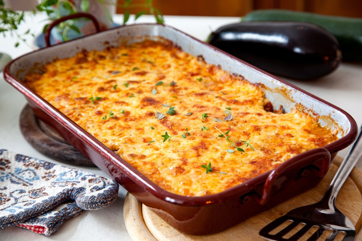 A casserole dish with Moussaka.