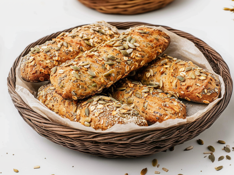 A wooden bread basket with several golden-brown baked oatmeal fingers coated with various seeds. The bread basket stands on a bright surface; seeds are scattered all around. In the background, a small piece of another bread basket is blurred.