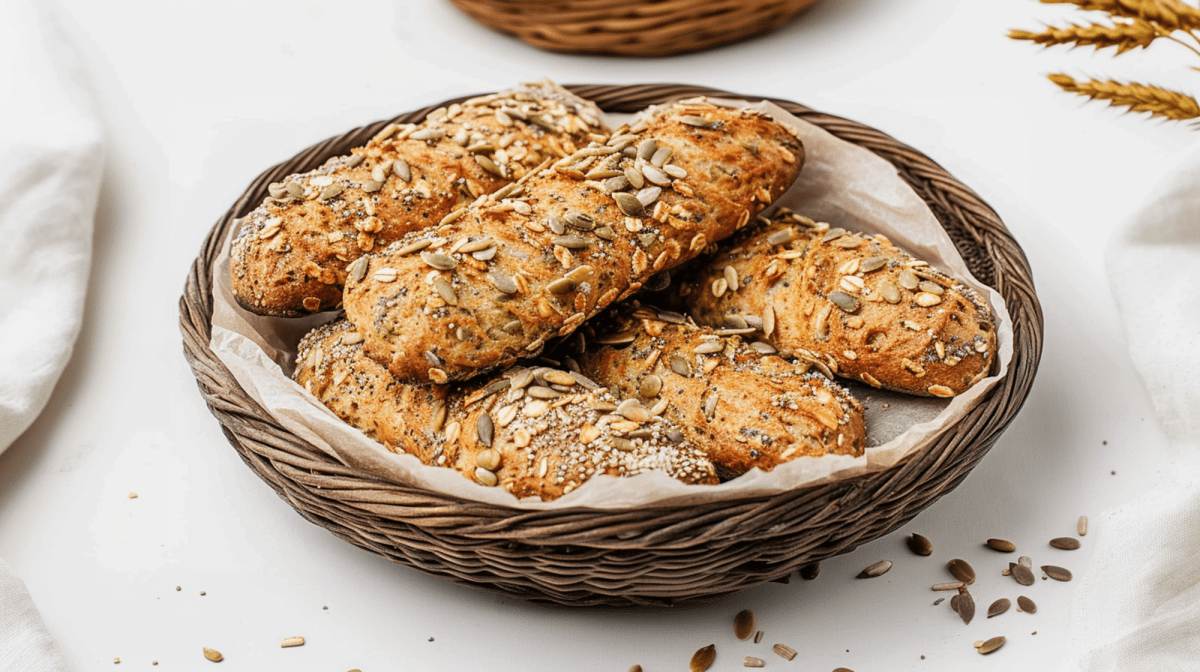A wooden bread basket with several golden-brown baked oatmeal fingers coated with various seeds. The bread basket stands on a bright surface; seeds are scattered all around. In the background, a small piece of another bread basket is blurred.