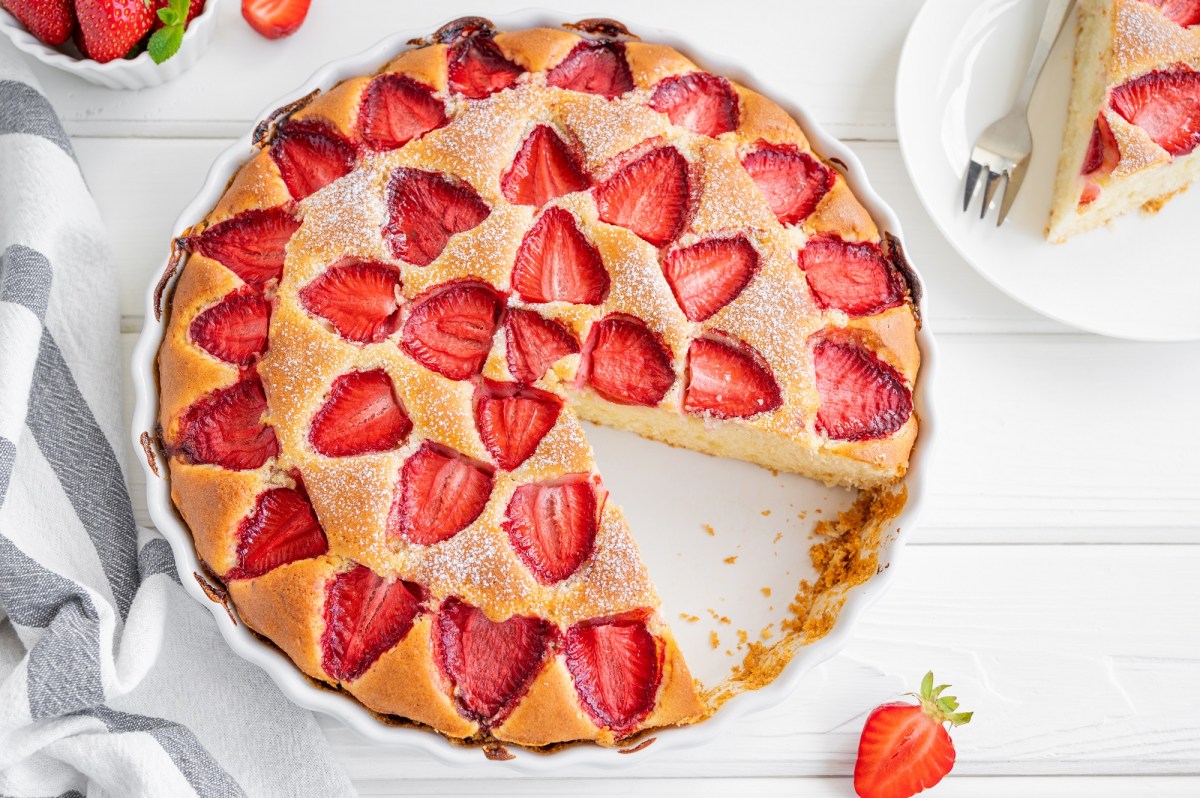 Fresh strawberry yogurt cake on a table