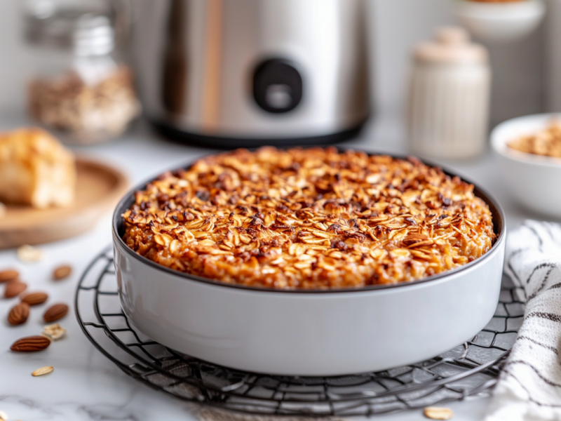 Baked oats from the air fryer in a round dish. An air fryer is visible in the background.