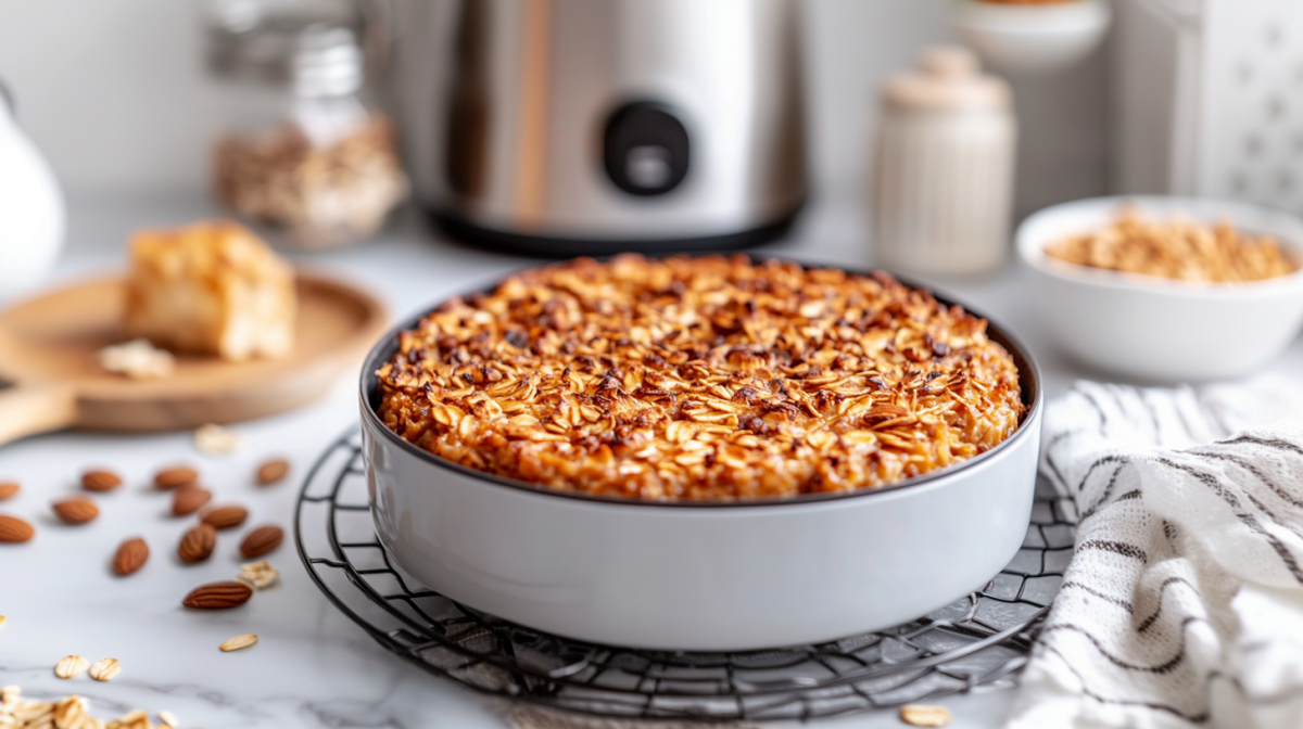 Baked oats from the air fryer in a round dish. An air fryer is visible in the background.