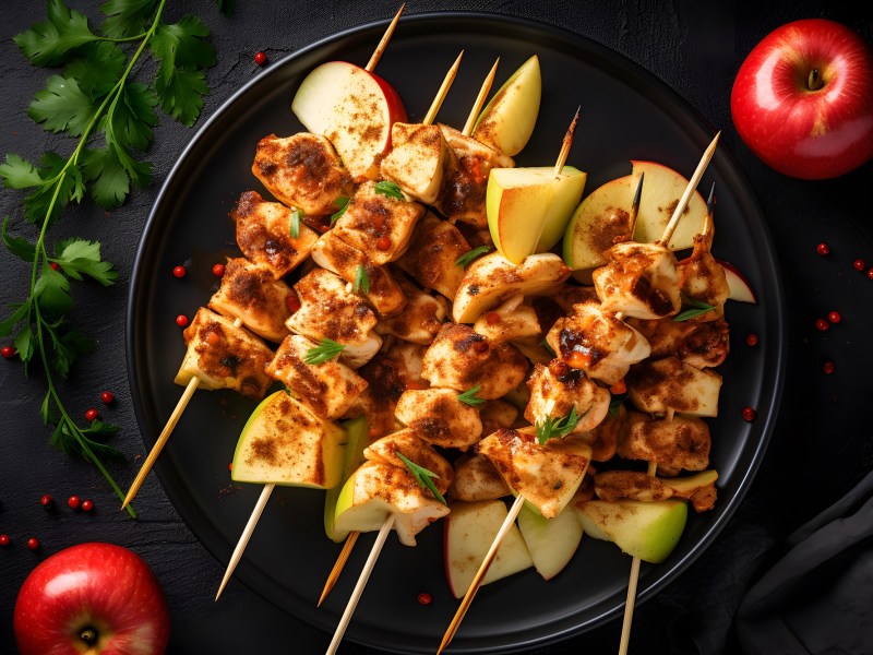 Apple-chicken skewers on a plate
