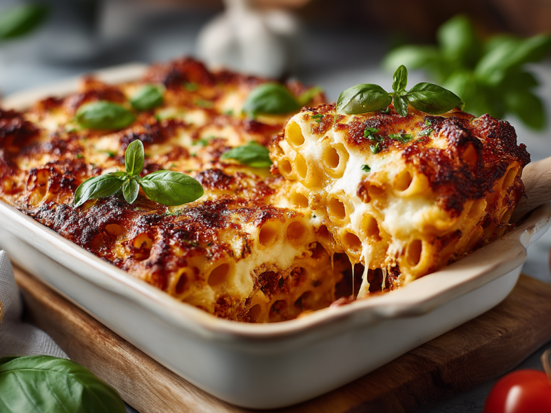 Baked Ziti in a white casserole dish. A wooden spoon lifts out a portion. The dish is on a wooden board. Basil, tomatoes, and garlic are scattered around it.